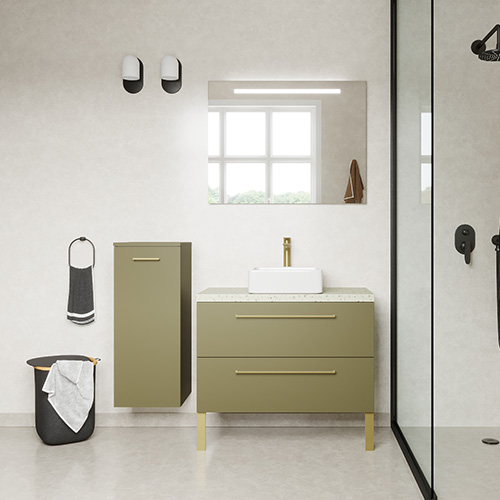 Meuble de salle de bain suspendu vasque à poser 90cm 2 tiroirs Vert olive + miroir - Osmose