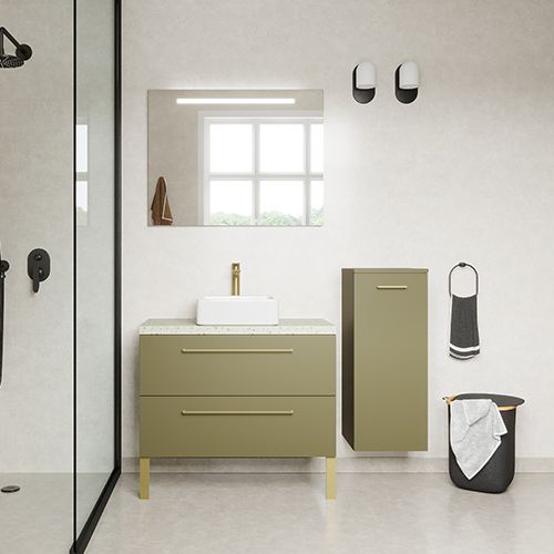 Meuble de salle de bain suspendu vasque à poser 90cm 2 tiroirs Vert olive + miroir + colonne ouverture droite - Osmose