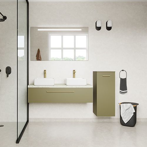 Meuble de salle de bain suspendu 2 vasques à poser 120cm 1 tiroir Vert olive + miroir + colonne ouverture droite - Osmose