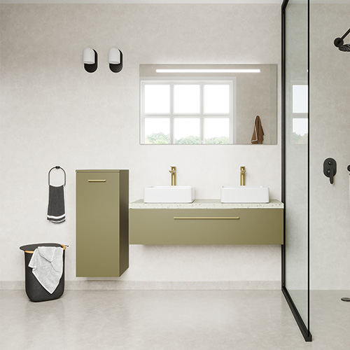 Meuble de salle de bain suspendu 2 vasques à poser 120cm 1 tiroir Vert olive + miroir + colonne ouverture gauche - Osmose