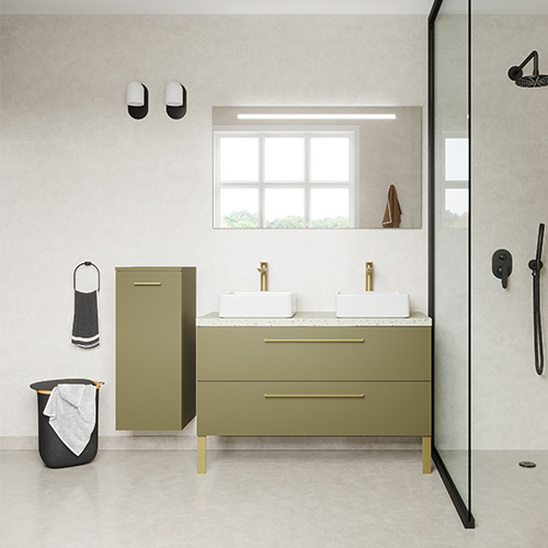 Meuble de salle de bain suspendu 2 vasques à poser 120cm 2 tiroirs Vert olive - Osmose