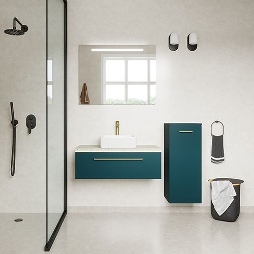 Meuble de salle de bain suspendu vasque à poser 90cm 1 tiroir Bleu + miroir + colonne ouverture droite - Osmose