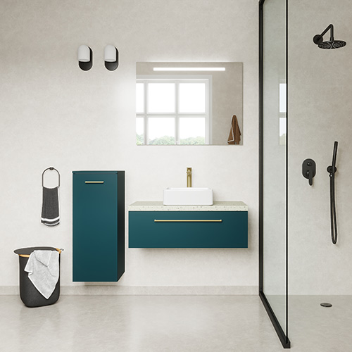Meuble de salle de bain suspendu vasque à poser 90cm 1 tiroir Bleu + miroir + colonne ouverture gauche - Osmose