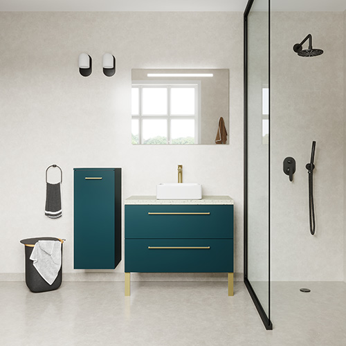 Meuble de salle de bain suspendu vasque à poser 90cm 2 tiroirs Bleu + miroir + colonne ouverture gauche - Osmose