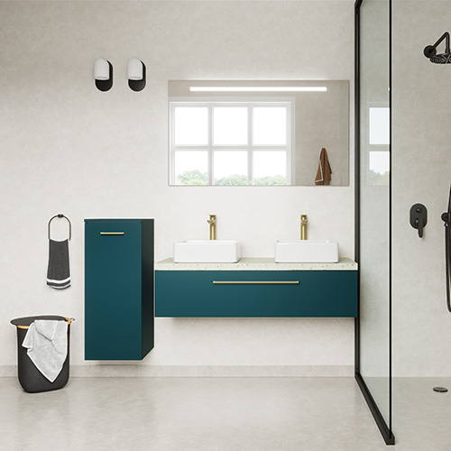Meuble de salle de bain suspendu 2 vasques à poser 120cm 1 tiroir Bleu + miroir - Osmose