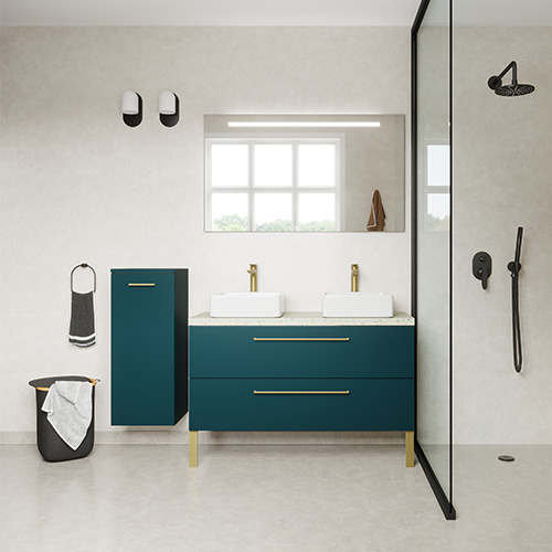 Meuble de salle de bain suspendu 2 vasques à poser 120cm 2 tiroirs Bleu + miroir - Osmose