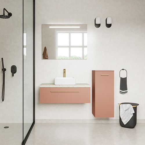Meuble de salle de bain suspendu vasque à poser 90cm 1 tiroir Abricot + miroir + colonne ouverture droite - Osmose