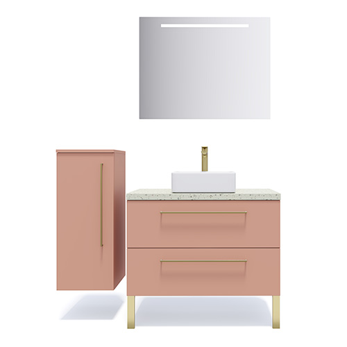 Meuble de salle de bain suspendu vasque à poser 90cm 2 tiroirs Abricot + miroir + colonne ouverture gauche - Osmose