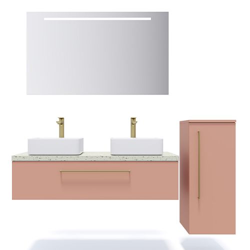 Meuble de salle de bain suspendu 2 vasques à poser 120cm 1 tiroir Abricot + miroir + colonne ouverture droite - Osmose
