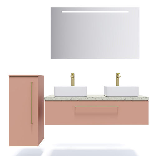 Meuble de salle de bain suspendu 2 vasques à poser 120cm 1 tiroir Abricot + miroir + colonne ouverture gauche - Osmose