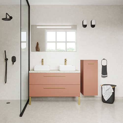 Meuble de salle de bain suspendu 2 vasques à poser 120cm 2 tiroirs Abricot + miroir + colonne ouverture droite - Osmose