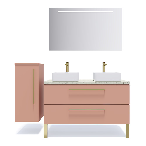 Meuble de salle de bain suspendu 2 vasques à poser 120cm 2 tiroirs Abricot + miroir + colonne ouverture gauche - Osmose