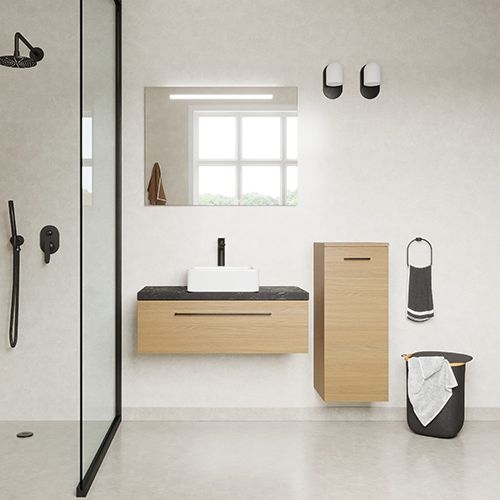 Meuble de salle de bain suspendu vasque à poser 90cm 1 tiroir Chêne clair + miroir + colonne ouverture droite - Osmose