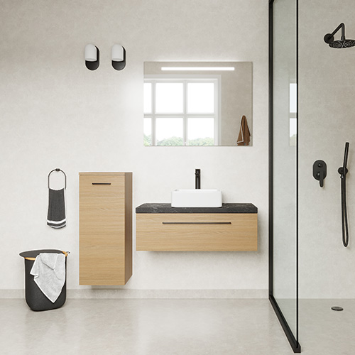 Meuble de salle de bain suspendu vasque à poser 90cm 1 tiroir Chêne clair + miroir + colonne ouverture gauche - Osmose