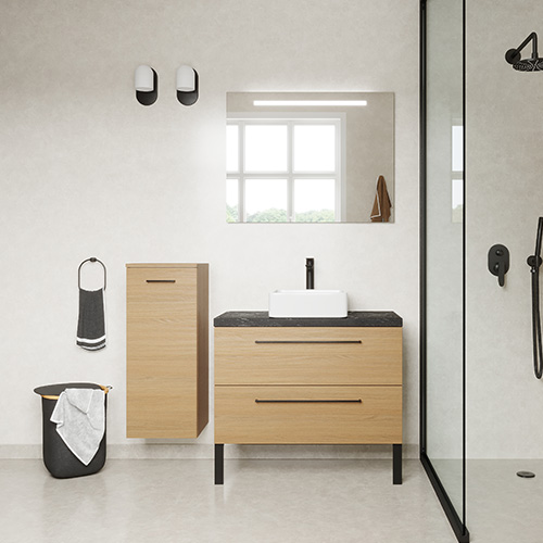 Meuble de salle de bain suspendu vasque à poser 90cm 2 tiroirs Chêne clair + miroir - Osmose