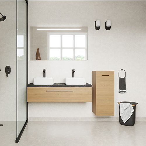 Meuble de salle de bain suspendu 2 vasques à poser 120cm 1 tiroir Chêne clair + miroir + colonne ouverture droite - Osmose