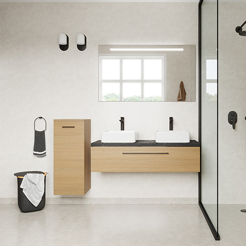 Meuble de salle de bain suspendu 2 vasques à poser 120cm 1 tiroir Chêne clair + miroir + colonne ouverture gauche - Osmose