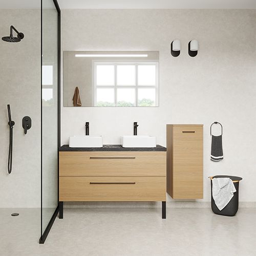 Meuble de salle de bain suspendu 2 vasques à poser 120cm 2 tiroirs Chêne clair + miroir + colonne ouverture droite - Osmose