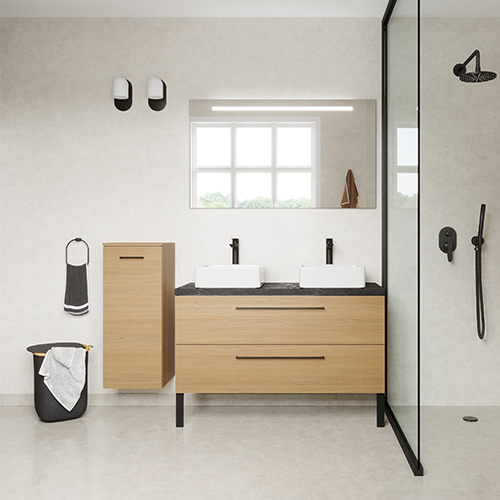 Meuble de salle de bain suspendu 2 vasques à poser 120cm 2 tiroirs Chêne clair + miroir + colonne ouverture gauche - Osmose