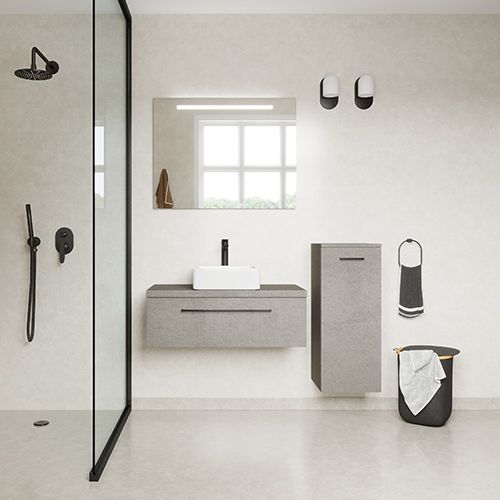 Meuble de salle de bain suspendu vasque à poser 90cm 1 tiroir façon Béton + miroir + colonne ouverture droite - Osmose