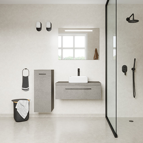 Meuble de salle de bain suspendu vasque à poser 90cm 1 tiroir façon Béton + miroir + colonne ouverture gauche - Osmose