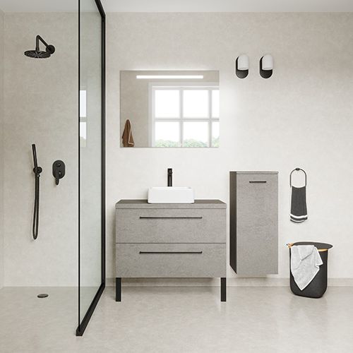 Meuble de salle de bain suspendu vasque à poser 90cm 2 tiroirs façon Béton + miroir + colonne ouverture droite - Osmose