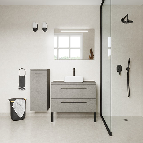 Meuble de salle de bain suspendu vasque à poser 90cm 2 tiroirs façon Béton + miroir + colonne ouverture gauche - Osmose