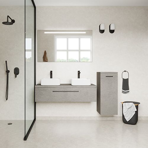 Meuble de salle de bain suspendu 2 vasques à poser 120cm 1 tiroir façon Béton + miroir + colonne ouverture droite - Osmose