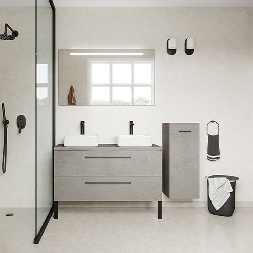 Meuble de salle de bain suspendu 2 vasques à poser 120cm 2 tiroirs façon Béton + miroir + colonne ouverture droite - Osmose