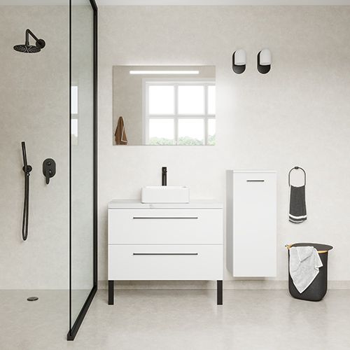 Meuble de salle de bain suspendu vasque à poser 90cm 2 tiroirs Blanc + miroir + colonne ouverture droite - Osmose