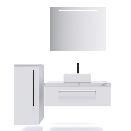 Meuble de salle de bain suspendu vasque à poser 90cm 2 tiroirs Blanc + miroir + colonne ouverture gauche - Osmose