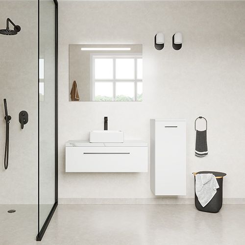 Meuble de salle de bain suspendu 2 vasques à poser 120cm 1 tiroir Blanc + miroir + colonne ouverture droite - Osmose