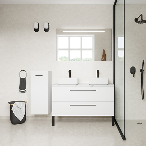 Meuble de salle de bain suspendu 2 vasques à poser 120cm 2 tiroirs Blanc + miroir - Osmose