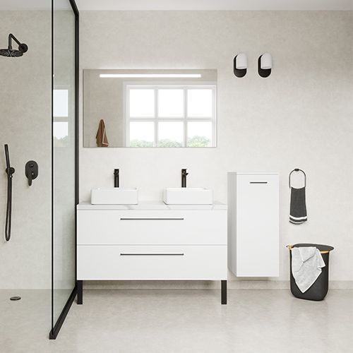 Meuble de salle de bain suspendu 2 vasques à poser 120cm 2 tiroirs Blanc + miroir + colonne ouverture droite - Osmose