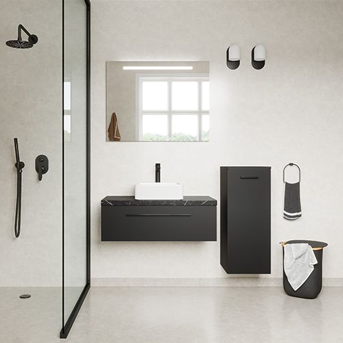 Meuble de salle de bain suspendu vasque à poser 90cm 1 tiroir Noir + miroir + colonne ouverture droite - Osmose