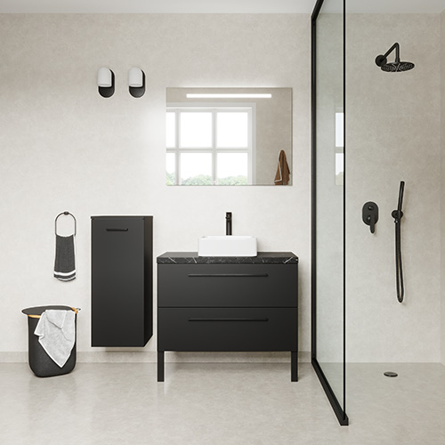 Meuble de salle de bain suspendu vasque à poser 90cm 2 tiroirs Noir + miroir - Osmose