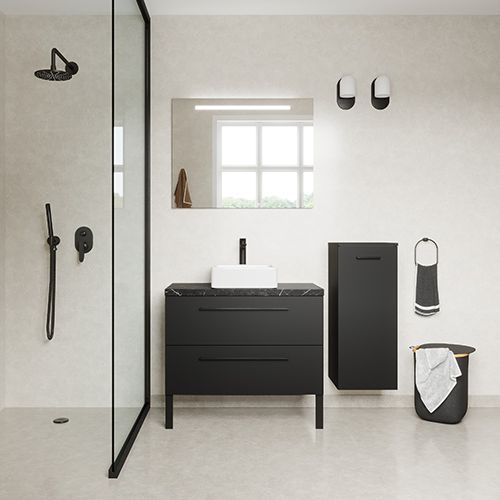 Meuble de salle de bain suspendu vasque à poser 90cm 2 tiroirs Noir + miroir + colonne ouverture droite - Osmose