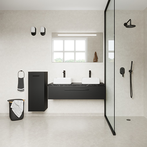 Meuble de salle de bain suspendu 2 vasques à poser 120cm 1 tiroir Noir + miroir + colonne ouverture gauche - Osmose