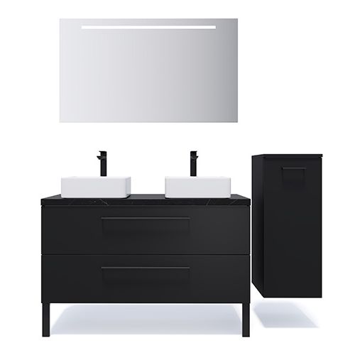 Meuble de salle de bain suspendu 2 vasques à poser 120cm 2 tiroirs Noir + miroir + colonne ouverture droite - Osmose