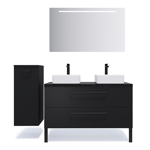 Meuble de salle de bain suspendu 2 vasques à poser 120cm 2 tiroirs Noir + miroir + colonne ouverture gauche - Osmose