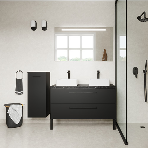 Meuble de salle de bain suspendu 2 vasques à poser 120cm 2 tiroirs Noir + miroir + colonne ouverture gauche - Osmose