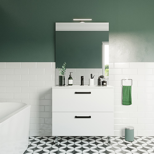 Meuble de salle de bain suspendu avec pieds vasque intégrée 90cm 2 tiroirs Blanc - Chelsea
