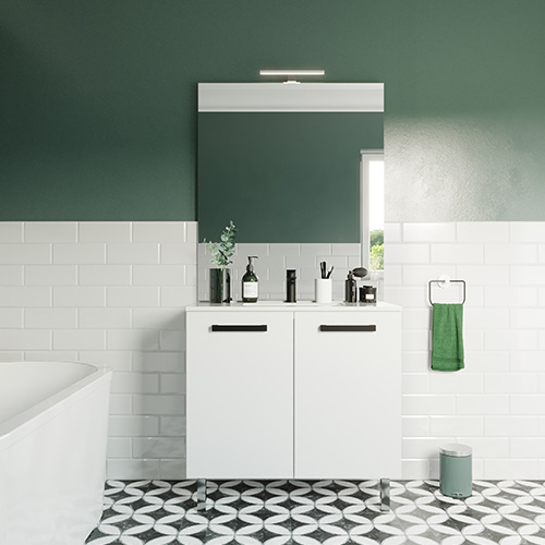 Meuble de salle de bain suspendu avec pieds vasque intégrée 90cm 2 portes Blanc + miroir - Chango