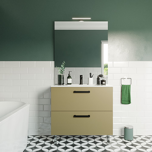 Meuble de salle de bain suspendu avec pieds vasque intégrée 90cm 2 tiroirs Vert olive - Chango
