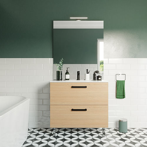 Meuble de salle de bain suspendu avec pieds vasque intégrée 90cm 2 tiroirs Chêne clair + miroir - Chango