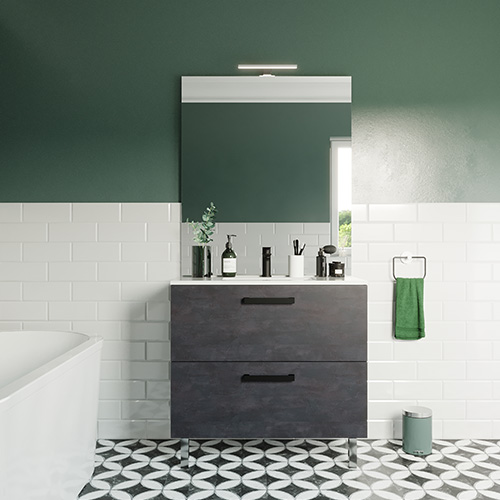 Meuble de salle de bain suspendu avec pieds vasque intégrée 90cm 2 tiroirs Ardoise métallisée + miroir - Chango