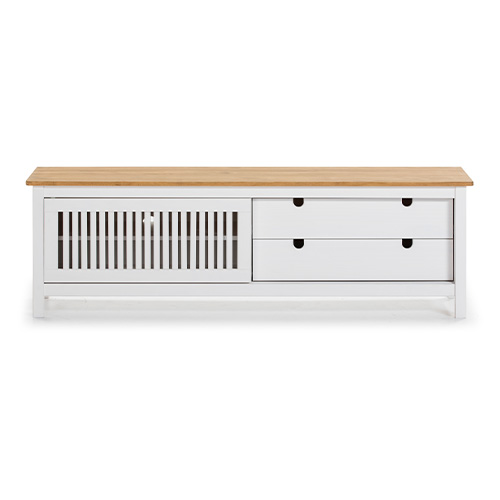 Meuble TV 1 porte coulissante 2 tiroirs en pin massif blanc / effet chêne 158 cm - Fabia