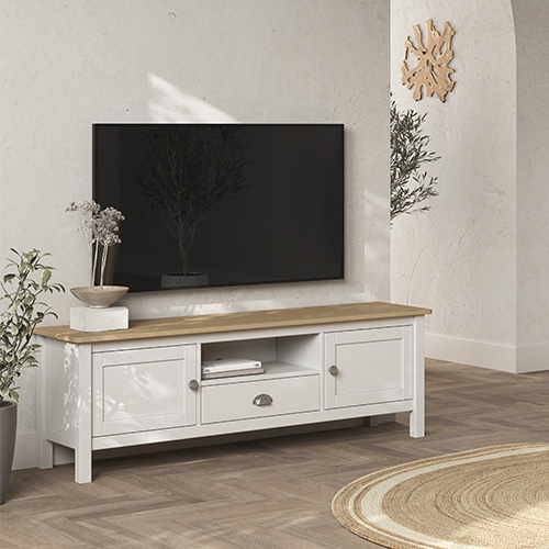 Meuble TV 2 portes 1 tiroir en pin massif blanc / effet chêne 158 cm - Macha
