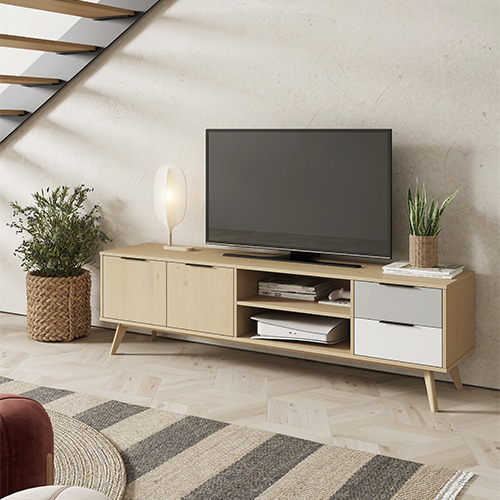 Meuble TV 2 portes 2 tiroirs en pin massif blanc / gris / effet chêne 180 cm - Eddy