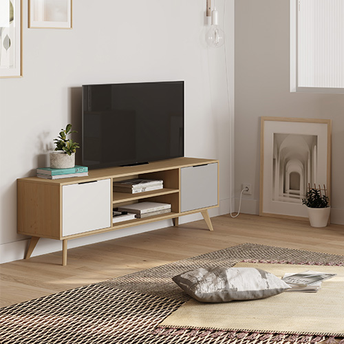 Meuble TV 2 portes 2 niches en pin massif blanc / gris / effet chêne 140 cm - Eddy